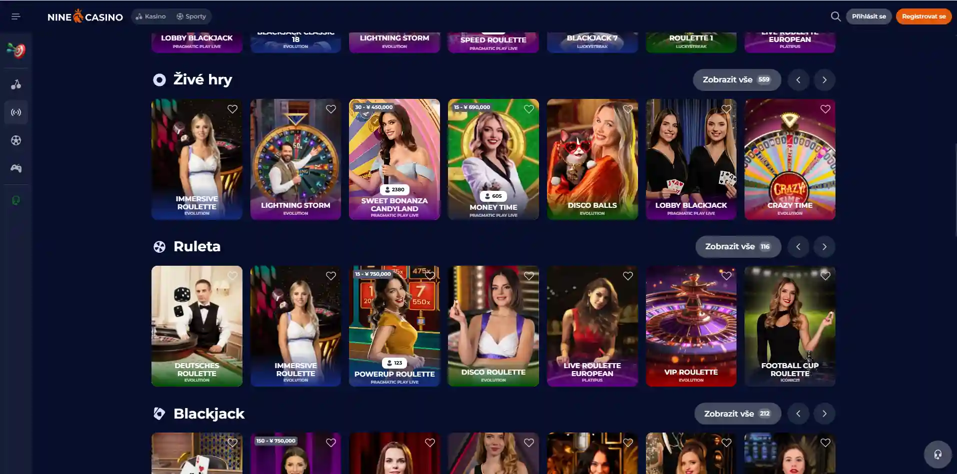 Herní lobby NineCasino s automaty a live casino tituly od různých poskytovatelů