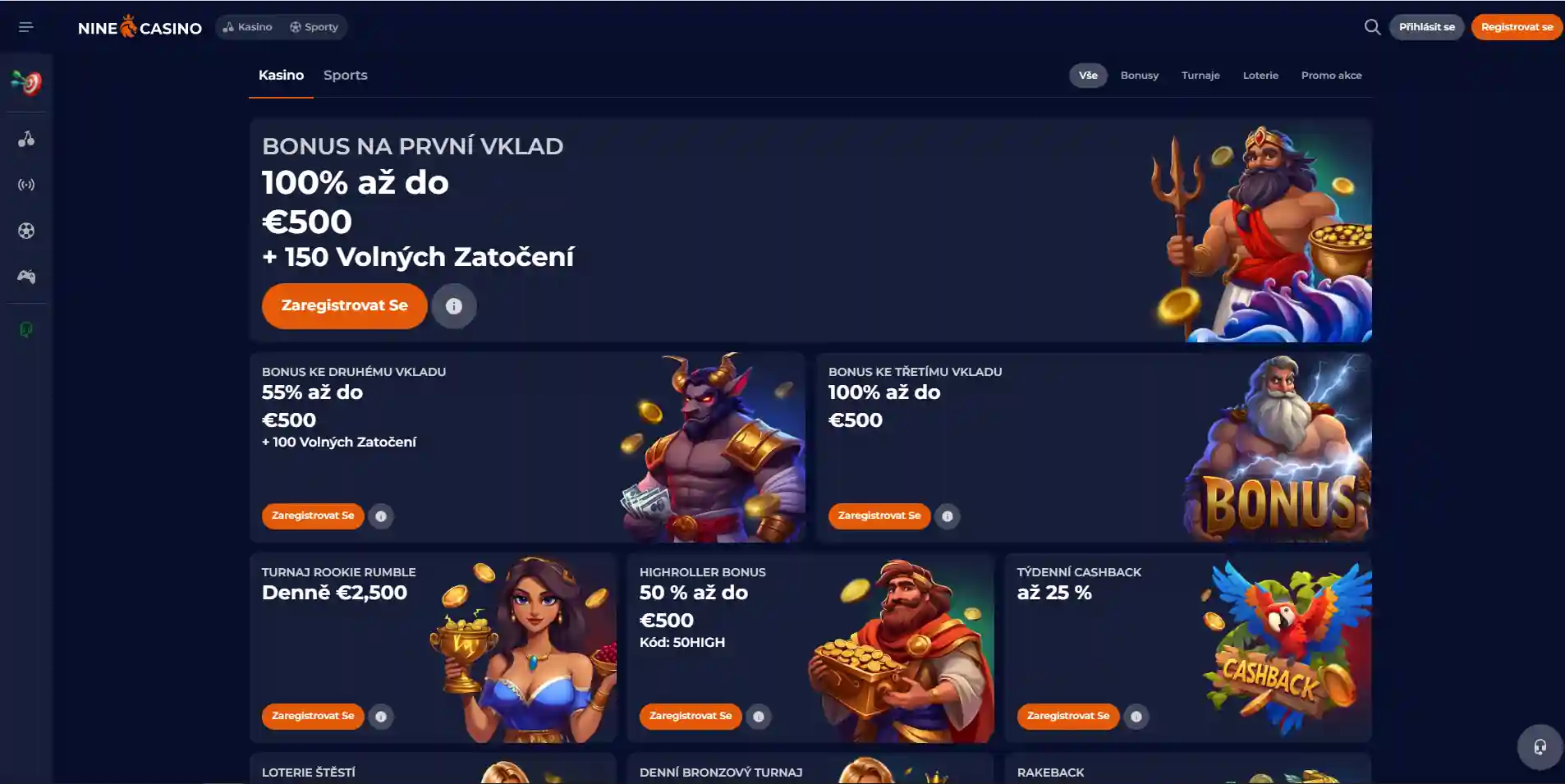 Uvítací bonus NineCasino s nabídkou pro první vklady a free spiny