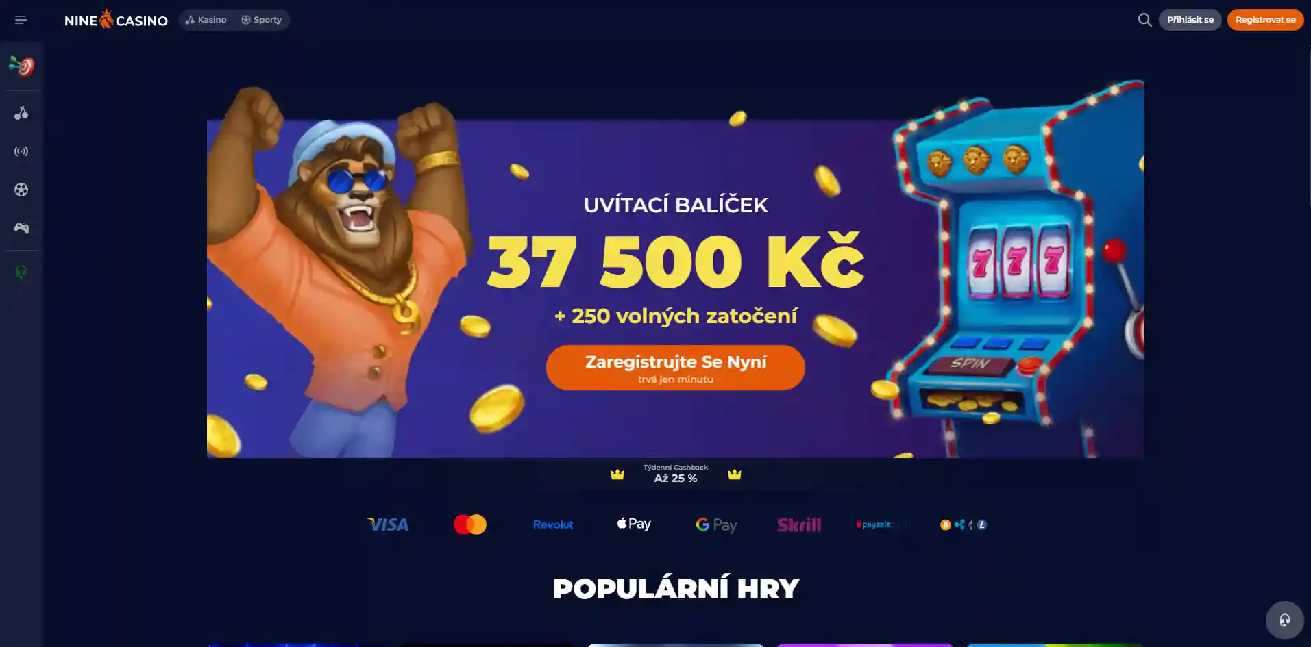 Česká domovská stránka NineCasino s bonusovou nabídkou a přehledem her